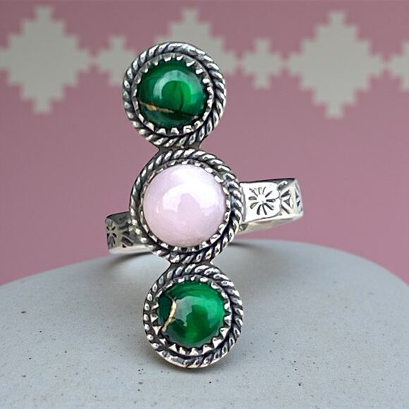 Sterling Silver Pink Opal Green Dahlia Ring Southwest Navajo Style Adjustable - Picture 1 of 5